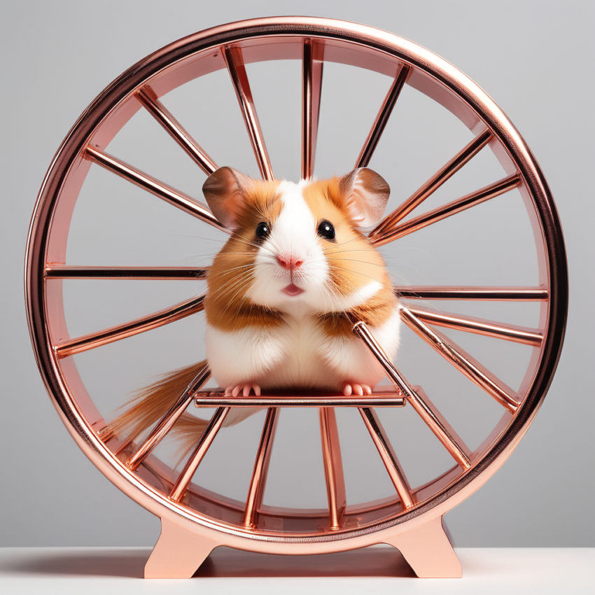 Brown and white hamster inside a rose gold hamster wheel