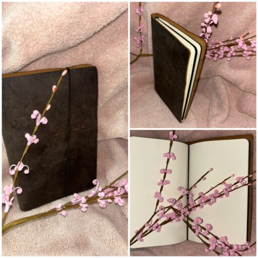 A Jenny Bick leather bound journal is shown in a three-image collage all aspects of the exterior and interior.