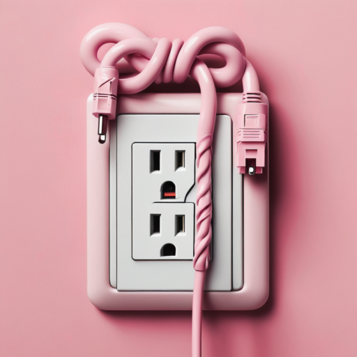 A white electrical outlet is framed by a pink rubber surround, with a matching plug resting on top of it, set against a pink wall.