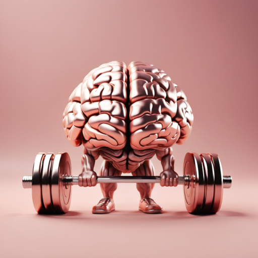 A rose gold brain with feet raises a barbell of the same hue against a pink backdrop, engaging in a weightlifting activity.