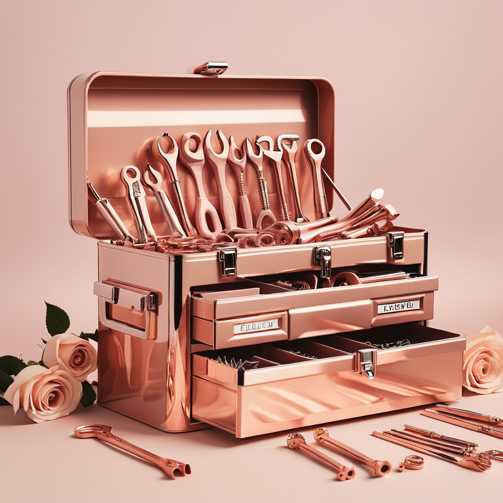 An open rose gold toolbox reveals its contents, with the bottom drawers slightly ajar. Rose gold tools rest atop the surface, complemented by delicate pink roses that embellish the scene against a pink backdrop.