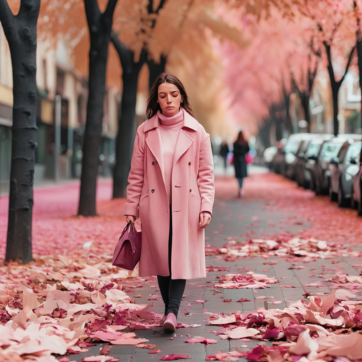 A young brunette woman in a pink overcoat and turtleneck sweater strolls down a path under autumn trees that are shedding their leaves onto the ground. She appears to be saddened by something.