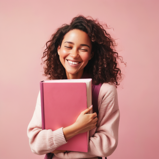 A young girl with dark brown curly hair smiles as she clutches a pink journal. She's dressed in a pale pink sweater, standing before a pink backdrop.