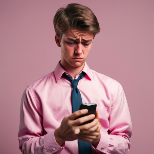 A young man with light brown hair, dressed in a pink business shirt and a dark teal tie, wears a concerned expression as he gazes at the phone in his hands.