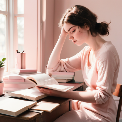 A young woman sits at a desk in front of a window, reading from a journal she holds open with one hand, while supporting her head with the other. Surrounding her are various books and papers strewn across the desk. She is dressed in a pale pink outfit.