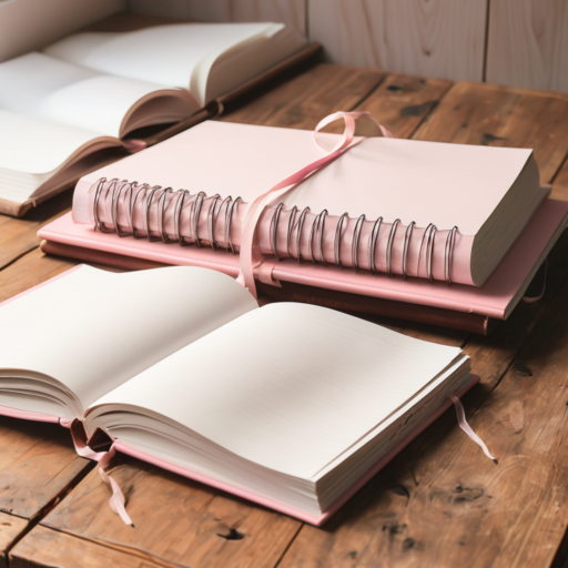 On a weathered wooden table rest two pink journals; one with a spiral binding, and the other bound like a book, complete with a pink ribbon marker.