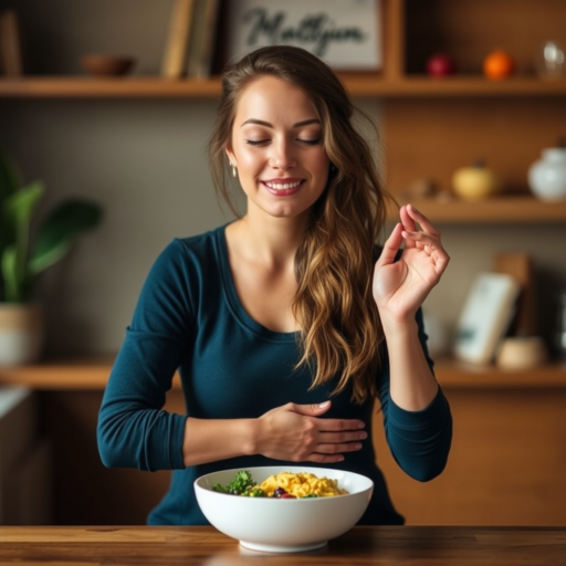 A young woman, her face alight with a thoughtful expression, prepares to enjoy a nutritious meal. The homely background blurs, bringing the woman and the bowl sharply into focus.