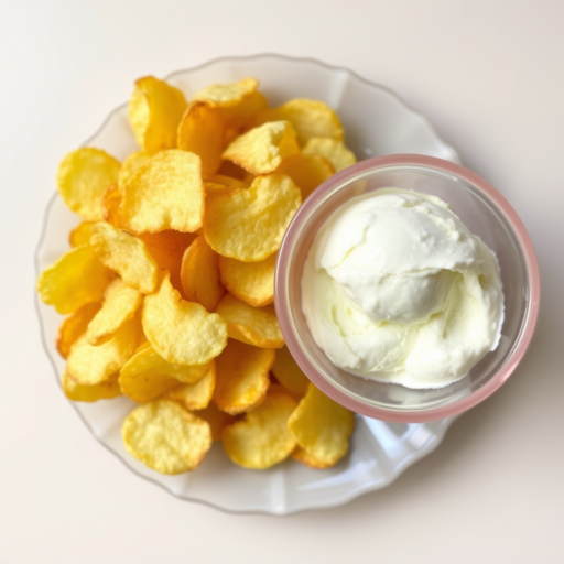 A large clear glass dish filled with potato chips rests on a beige table, accompanied by a pale pink glass dish of vanilla ice cream to one side.