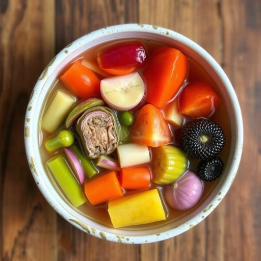 A bowl brimming with fermented, colorful ingredients is nestled in a savory broth, perched atop a rustic wooden table.