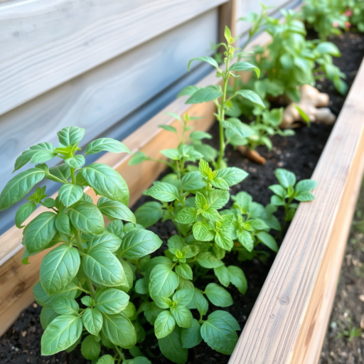 A raised garden bed crafted from oak cradles a lush assortment of herbs, including basil and mint, nestled against the wooden siding of a house.