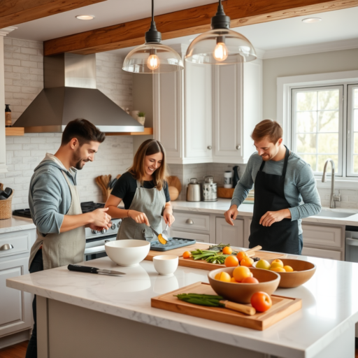 In a sleek modern kitchen, three adults, two men and a woman, don matching aprons as they cook together around a spacious marble island. Their smiles reflect the joy of preparing healthy meals in each other's company.