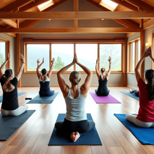 In a stunning indoor space framed by wood and crowned with a vaulted ceiling, five adults engage in yoga, gazing out of expansive windows that offer a breathtaking view of treetops and mountains.