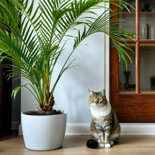 An adult striped cat sits serenely next to and beneath the overhanging leaves of an indoor areca palm tree, placed on a light wooden floor. The plant's vivid green contrasts with the white planter, set against an indoor white wall. A dark wooden French door stands behind both the cat and the plant.