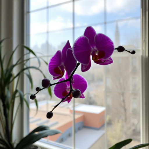 In the center of the image, a deep purple orchid in full bloom is showcased against the backdrop of an indoor home window.