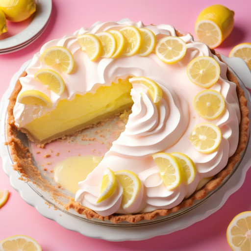 A delightful lemon meringue pie, featuring a graham cracker crust, rests in a white pie dish atop a pink surface. Adjacent to it, a plate holds fresh lemons, some sliced and others whole.