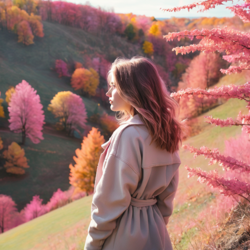 A young woman with light brown hair that falls just past her shoulders is clad in a light gray trenchcoat. She gazes into the distance, her silhouette set against a backdrop of rolling hills and a valley adorned with stunning pink and orange trees.