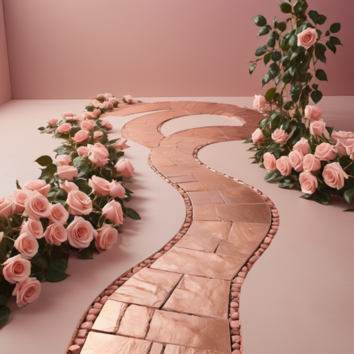 A rose gold path meanders through a room against a pink backdrop, flanked by pink rose bushes.