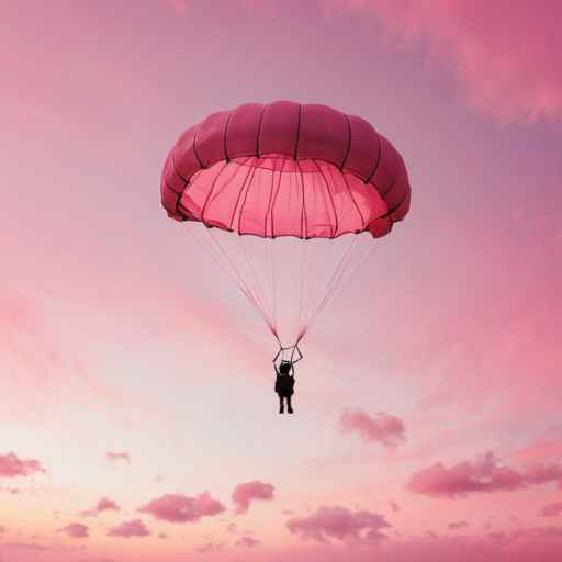 A parachutist descends with a pink parachute, drawing nearer to the ground. The scene is set against a sunset and a pink sky dotted with pink clouds.