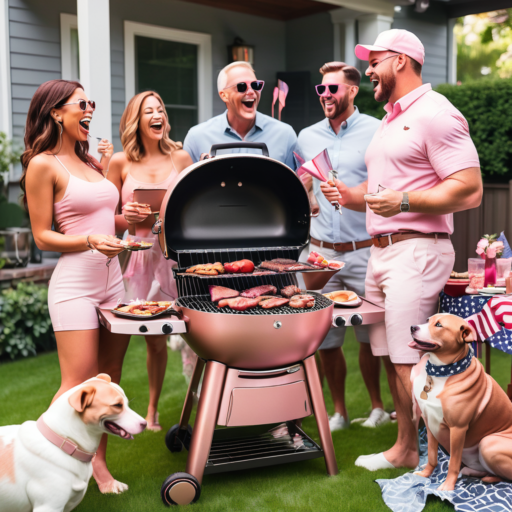 Adults gather in a backyard around a rose gold barbecue grill, with one person grilling food for the party.