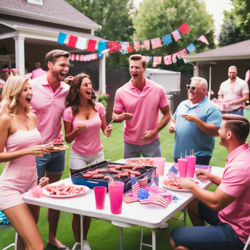 A diverse group of men and women, predominantly in pink shirts, are congregated around a party table in a backyard. They are laughing and enjoying themselves while eating and grilling food. In the background, 4th of July decorations, a lush green lawn, and trees are visible.