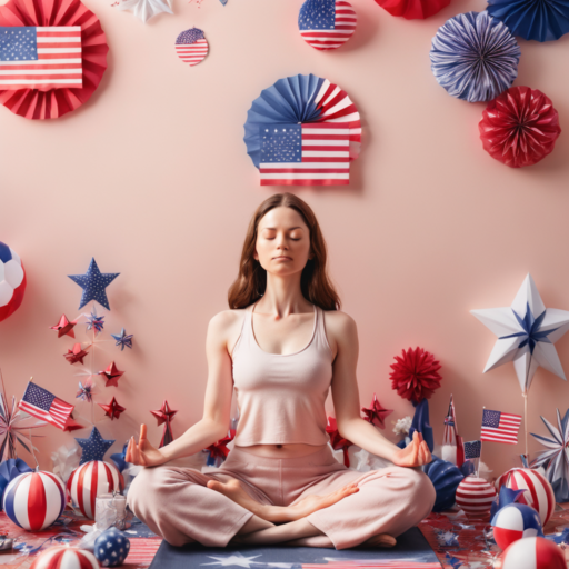 A brunette-haired woman is seated in a serene yoga pose, her legs crossed and her hands resting in a meditative position on each knee. Behind her, a pale pink wall serves as the backdrop, adorned with decorations celebrating the 4th of July.