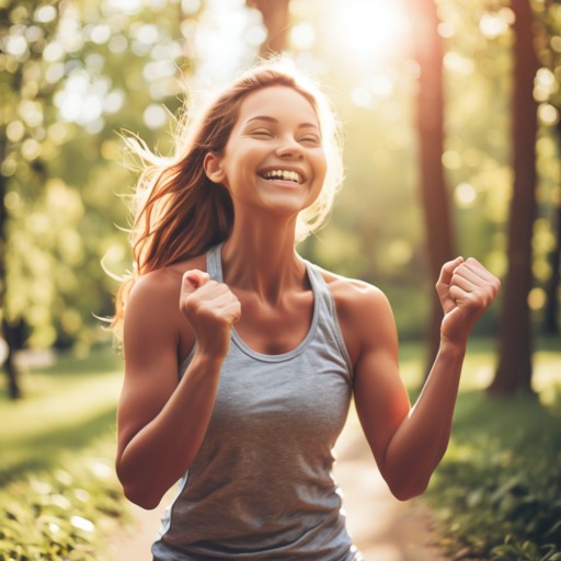 A young girl, basking in the sunlight, walks along a forest trail; her hands lifted in jubilation, a smile gracing her face, clad in workout attire.