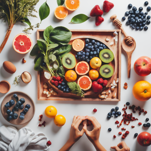 A white backdrop displays a vibrant assortment of fruits, berries, and nuts in various colors.