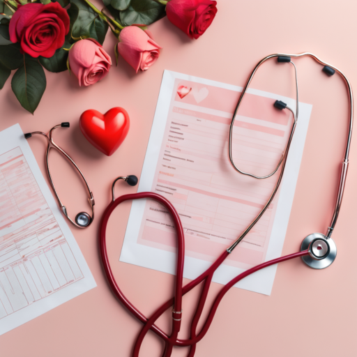 A medical form related to heart health is placed on a pink surface, accompanied by a red stethoscope, a sculpted red heart, and an assortment of pink and red roses.