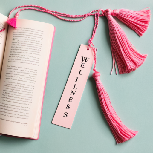 An open book with a pink bookmark adorned with pink tassels and the word 'wellness' serves as an analogy in the text of the post. It suggests that Wellness Month acts as a bookmark in our lives, prompting us to focus on health and strive for improved wellness.