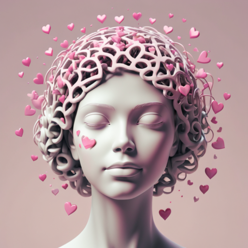 A ceramic woman's head with closed eyes and a soft smile, encircled by dark pink hearts around her crown, set against a pink background.