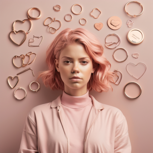 A girl with pink hair gazed intently into the camera, her expression neutral, clad in a pink ensemble. Behind her, a pink wall displayed an array of rose gold bracelets, ornaments, and various trinkets.