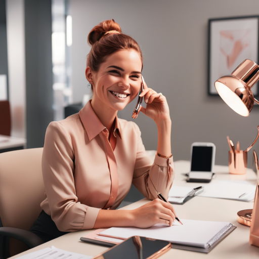 A young woman with red hair sits at a desk in an office, talking on her mobile phone with a smile. In her other hand, she holds a pen poised over a notepad. Rose gold office accessories, including a lamp and a pen holder, adorn her workspace.