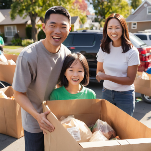 An Asian family of three smiles as they hold up a box of donated goods they are offering to a community collection for the needy.