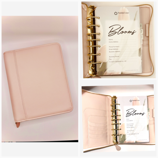 A collage of images of the Franklin Planner Millie Seashell Pink Planner and interior Blooms planner pages.