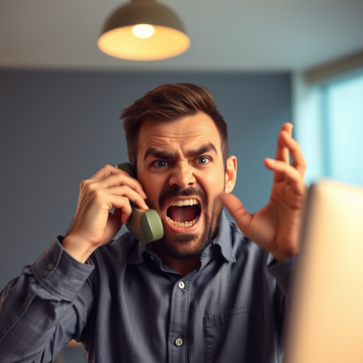 A man in his forties, visibly upset, holds a green phone to his ear and gestures angrily with his other hand. He's dressed in a dark chambray button-up shirt with a collar and long sleeves. He appears to be yelling in fury at someone on the phone, clearly unhappy and extremely agitated by the conversation.