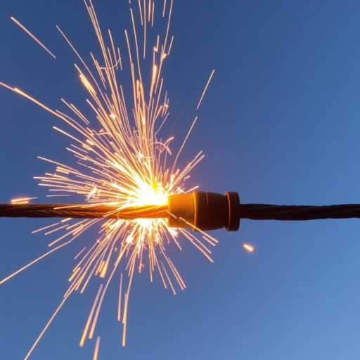 A sky blue background accentuates a black electrical cord with a significant spark occurring.