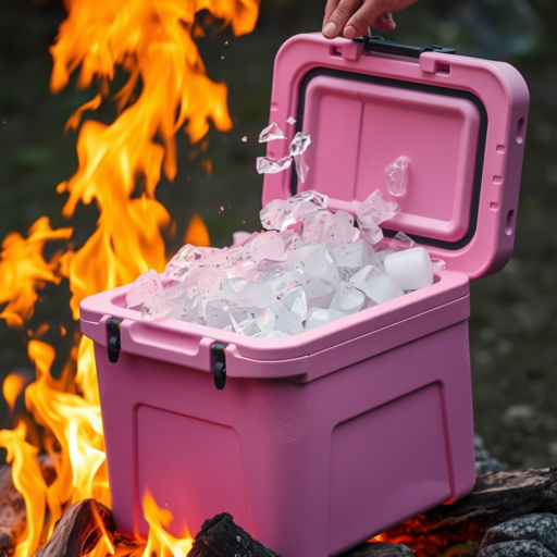 A pink ice chest filled with ice cubes is nestled in a ground fire, surrounded by flames.