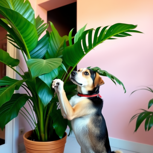 A hound dog raises itself, offering a paw to a sizable green plant nestled in a terra cotta pot. Adorned with a red collar, the dog seems eager to make friends with the foliage. They are set against an indoor backdrop of gentle pink walls trimmed with a white baseboard.