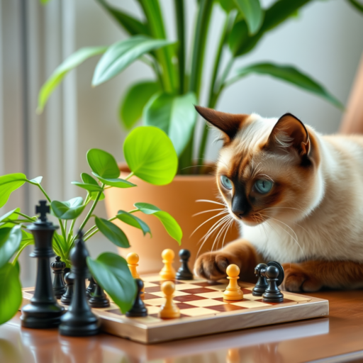 An adult Siamese cat is playing chess with a green Spider plant, which is perched atop a wooden coffee table. In the background, a potted tropical plant seems to oversee the match.