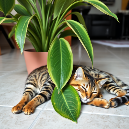 A young Savannah breed cat sleeps soundly on a light grey tiled floor next to a terra cotta planter, which cradles a Calathea plant with dark and light green stripes.