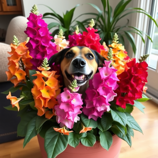 A young mixed-breed dog, with a coat of brown, black, and white, peeks its head through an abundant array of vibrantly colored Snapdragon flowers. These are nestled in a sizable terra cotta pot that rests on a pale wooden floor indoors, positioned near a window and beside a light beige chair.