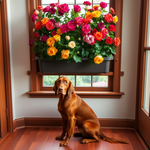 An elegant red Irish Setter sits calmly beneath a large indoor window box brimming with blooming roses, positioned against a spacious window. The cherry wood flooring enhances the dog's fur color, and the frame along with the wooden accents of the French window display a matching wood tone.