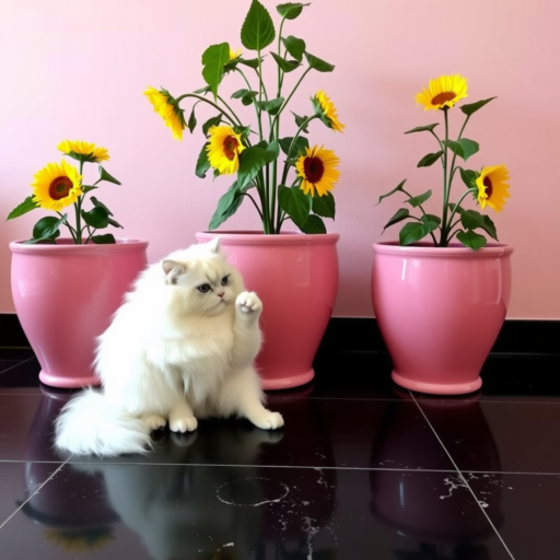 A fluffy white Persian cat grooms its paw while perched on a glossy black travertine floor, positioned before three pink planters brimming with blooming yellow sunflowers, set against an indoor pale pink wall.