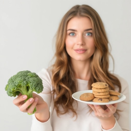 A young woman with long, dark blonde hair is holding broccoli in one hand and a plate of cookies in the other. She's dressed in a crewneck, long-sleeved shirt against an ivory backdrop.