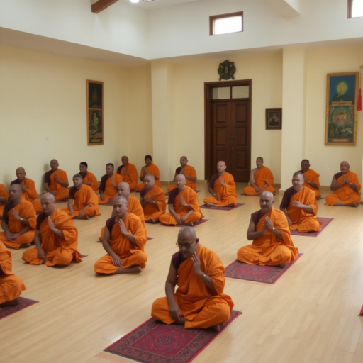 A room is filled with Tibetan monks clad in vivid orange robes, seated on the floor in meditation upon rugs.