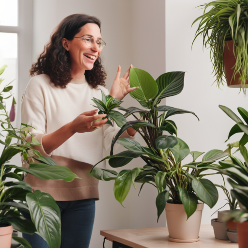 A woman with dark hair is observed engaging in conversation with a room full of houseplants, a smile gracing her face as she speaks with them.