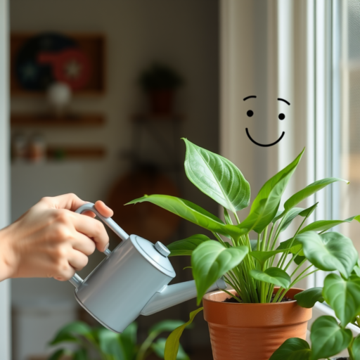 A hand waters a houseplant in a terracotta pot. Above the plant, a smiling face in black signifies its happiness.