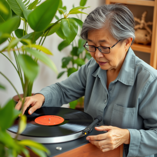 An elderly Asian woman begins playing a record on a turntable surrounded by an abundance of plants.