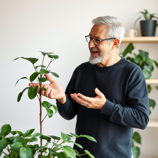 A man in his sixties engages in a lively conversation with a tall, budding houseplant, gesturing with his hands and wearing a joyful smile on his face.