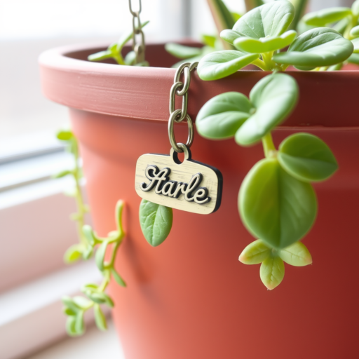 A sizable planter, colored in warm terra cotta, cradles a vibrant green succulent. Draped over the planter's edge is a pewter chain, from which a nametag dangles. Positioned before a window, it basks in the streaming sunlight.